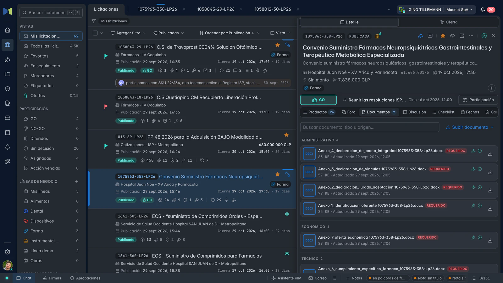 Documentos de 1075963-358-LP26 en su ficha: los anexos agrupados en administrativos, económicos y técnicos, marcados como requeridos.