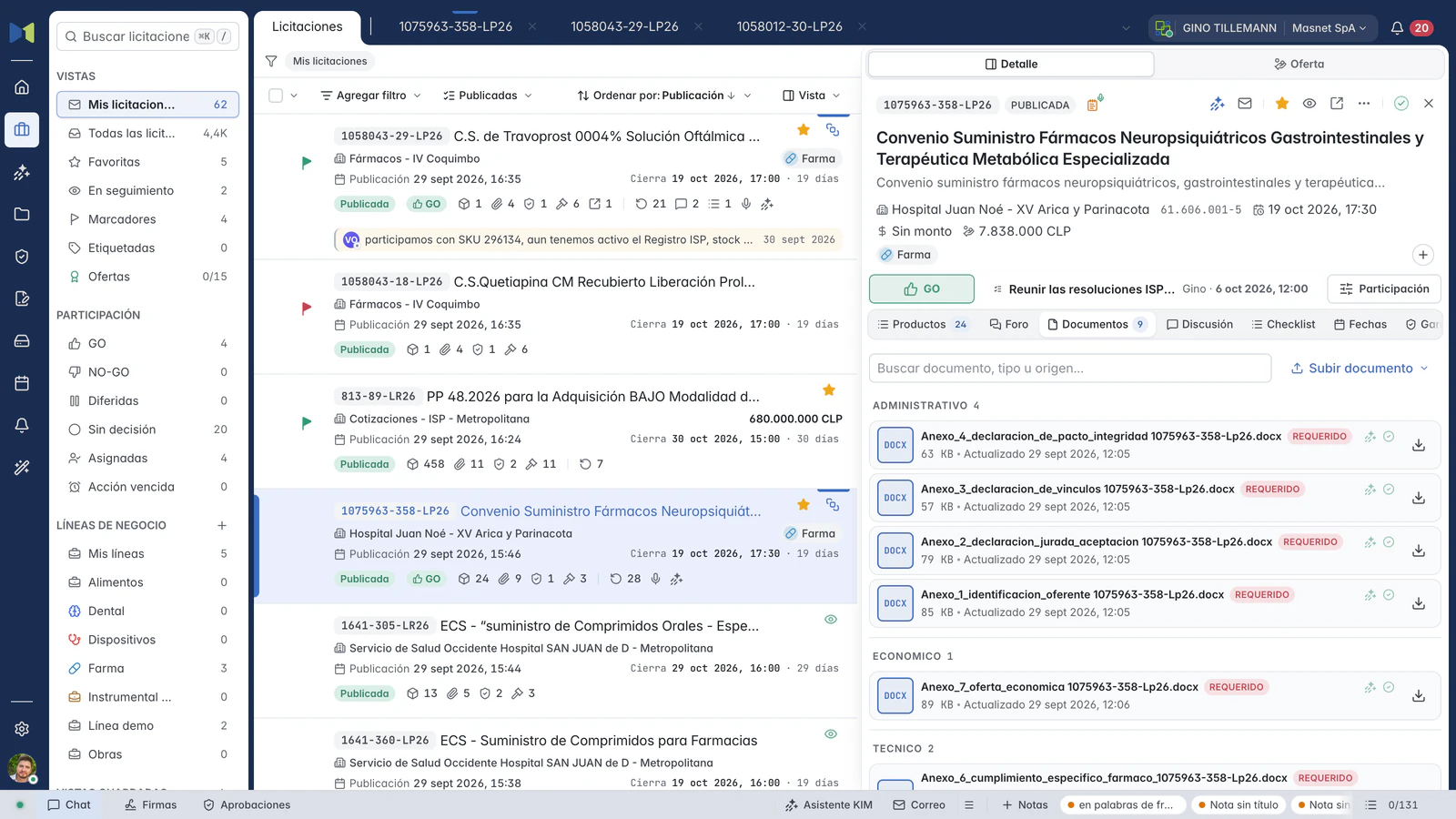 Documentos de 1075963-358-LP26 en su ficha: los anexos agrupados en administrativos, económicos y técnicos, marcados como requeridos.