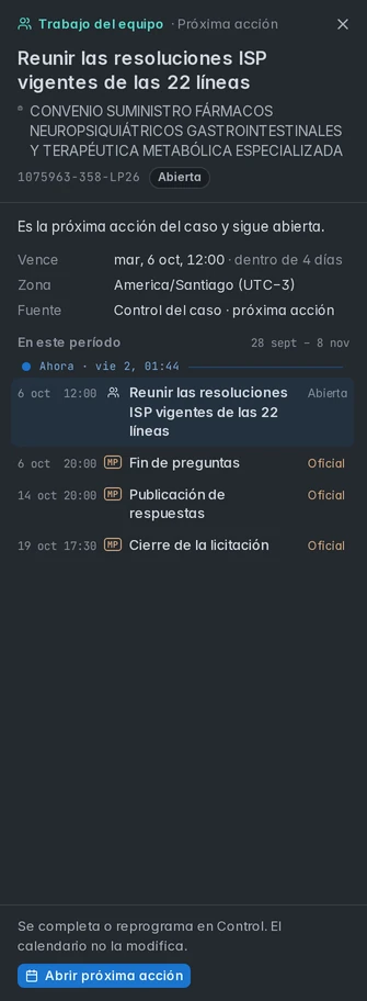 Panel contextual de la próxima acción de 1075963-358-LP26, con su fecha y los hitos públicos cercanos.
