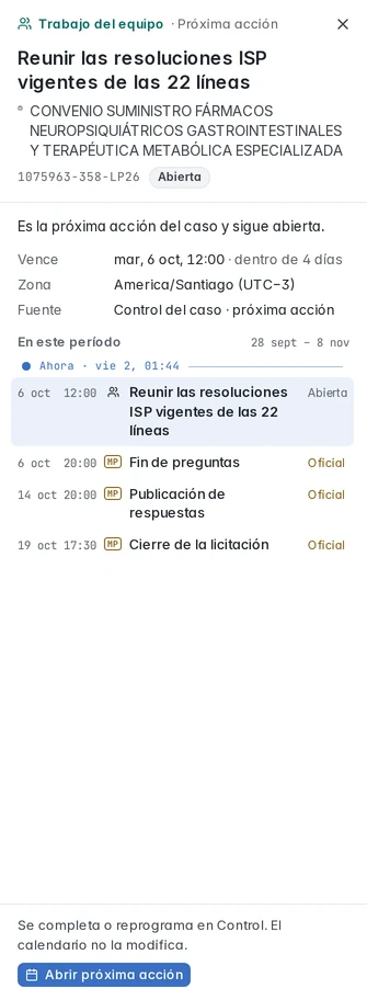 Panel contextual de la próxima acción de 1075963-358-LP26, con su fecha y los hitos públicos cercanos.