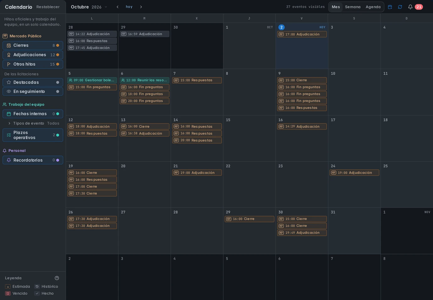 Calendario de octubre de 2026 con fechas públicas y dos próximas acciones internas.
