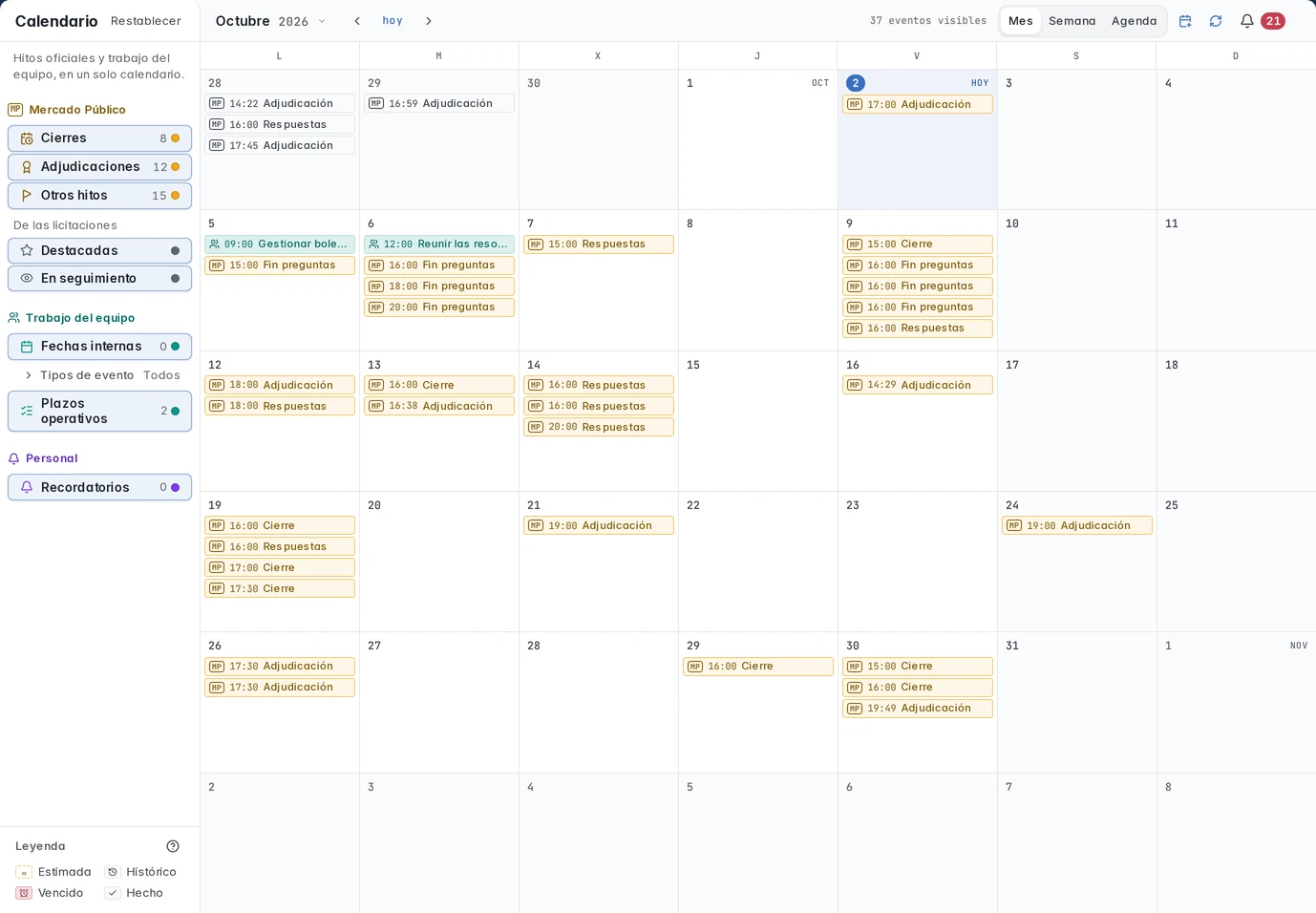 Calendario de octubre de 2026 con fechas públicas y dos próximas acciones internas.