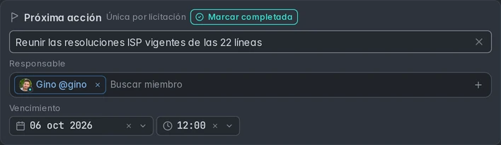Próxima acción de 1075963-358-LP26: reunir las resoluciones ISP de 22 líneas, responsable Gino y vencimiento el 6 de octubre de 2026 a las 12:00.