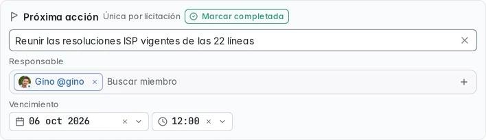 Próxima acción de 1075963-358-LP26: reunir las resoluciones ISP de 22 líneas, responsable Gino y vencimiento el 6 de octubre de 2026 a las 12:00.