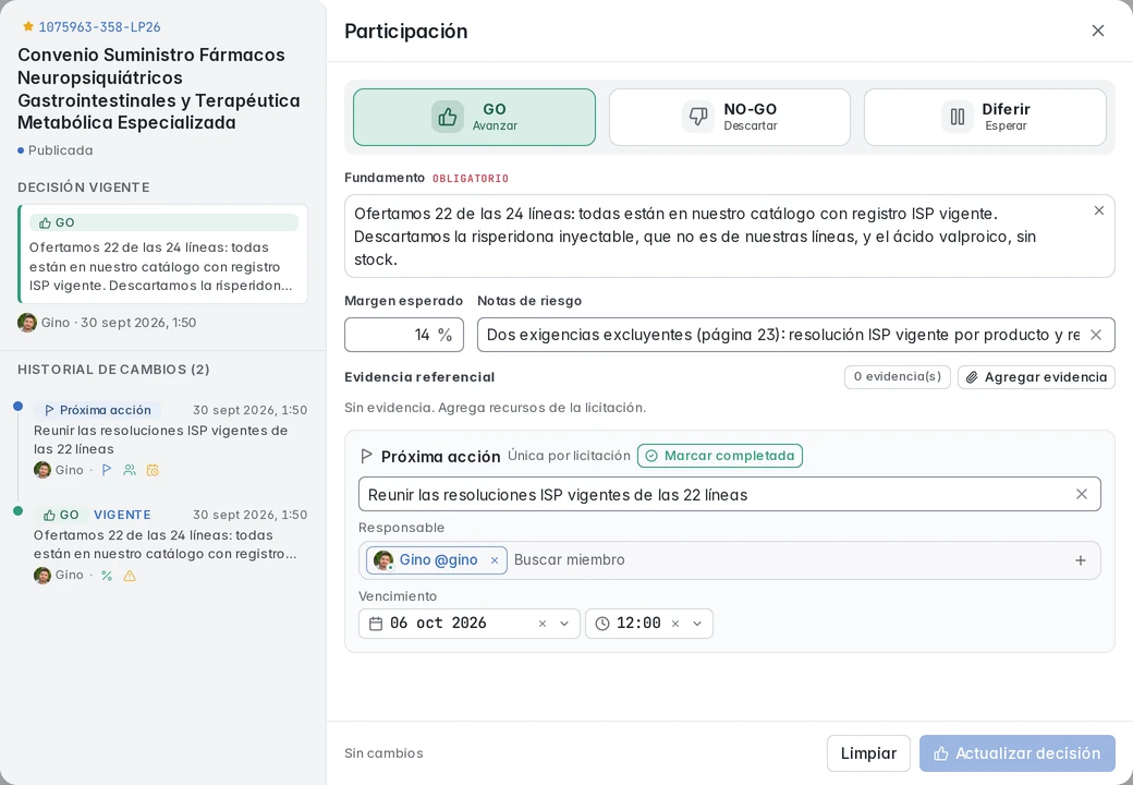 Participación de 1075963-358-LP26: decisión GO guardada por Gino, fundamento, notas de riesgo y dos entradas del historial.