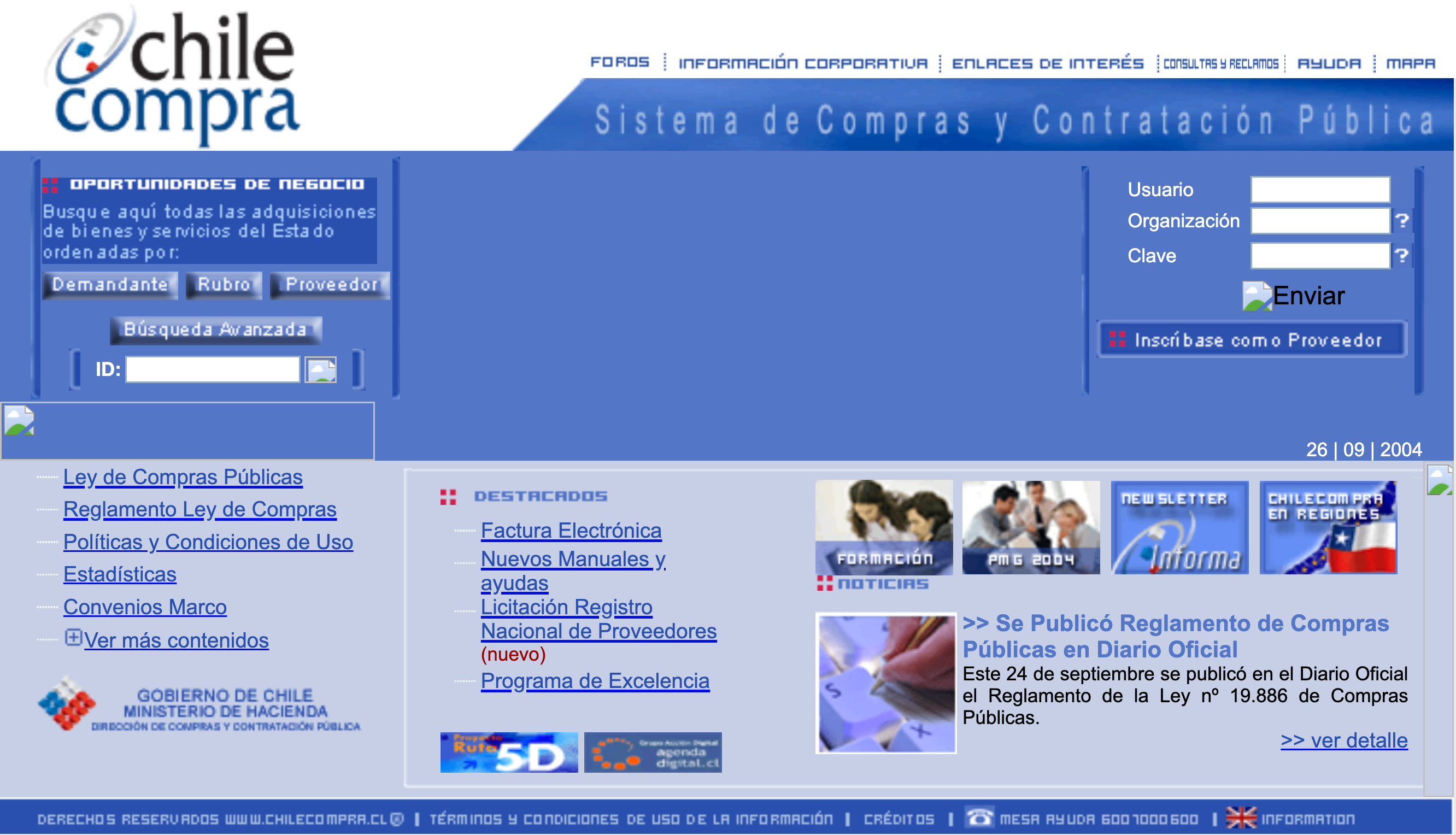 Portada histórica de chilecompra.cl: oportunidades de negocio por demandante, rubro o proveedor, búsqueda avanzada, acceso de usuarios e inscripción de proveedores; fecha visible 26 de septiembre de 2004.
