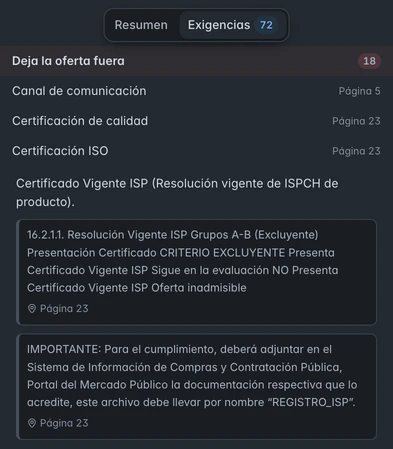 Panel de exigencias de las bases de la misma licitación: «Deja la oferta fuera», con la certificación ISO exigida, el texto de las bases y su página.