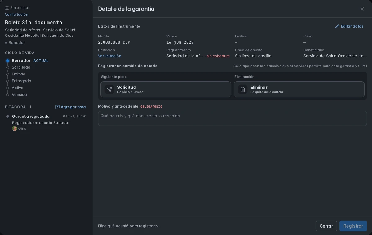 Detalle de una garantía de seriedad en borrador, con monto, vencimiento y bitácora.