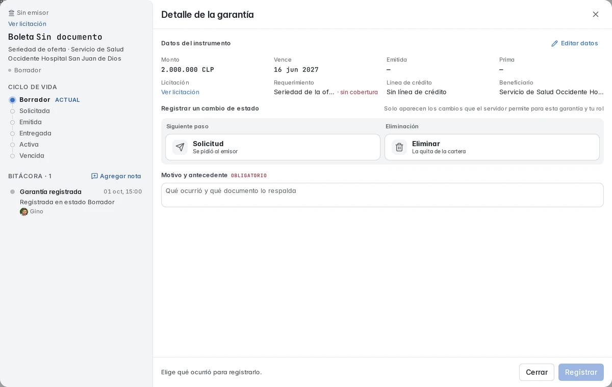 Detalle de una garantía de seriedad en borrador, con monto, vencimiento y bitácora.