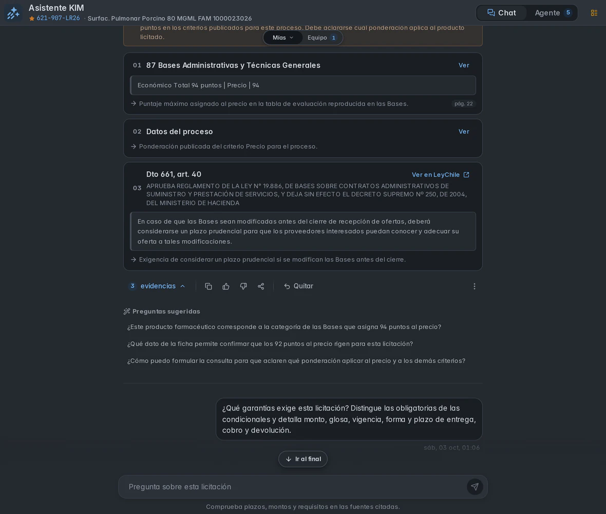 Three KIM references: terms, process data and Decree 661, article 40, with suggested follow-up questions.