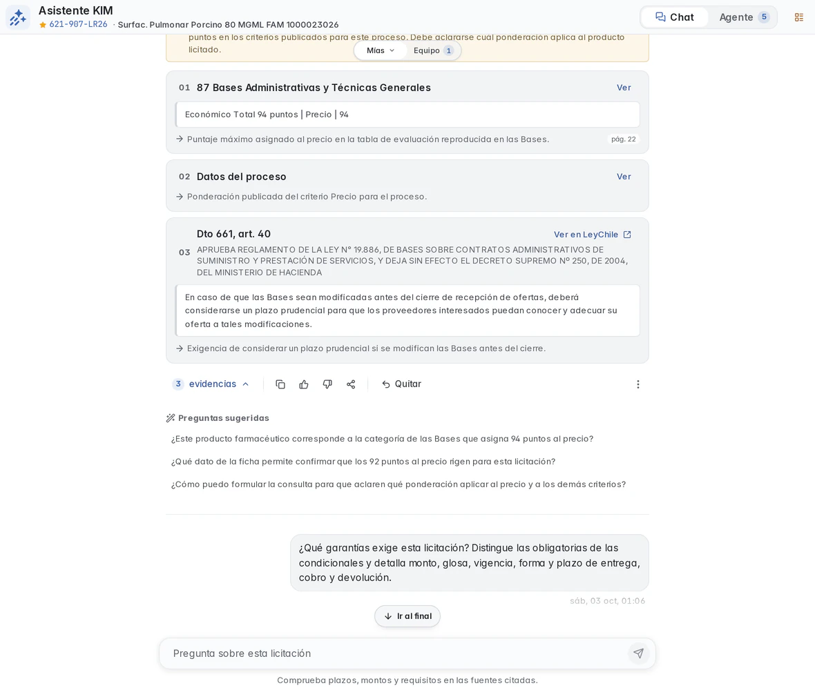 Three KIM references: terms, process data and Decree 661, article 40, with suggested follow-up questions.