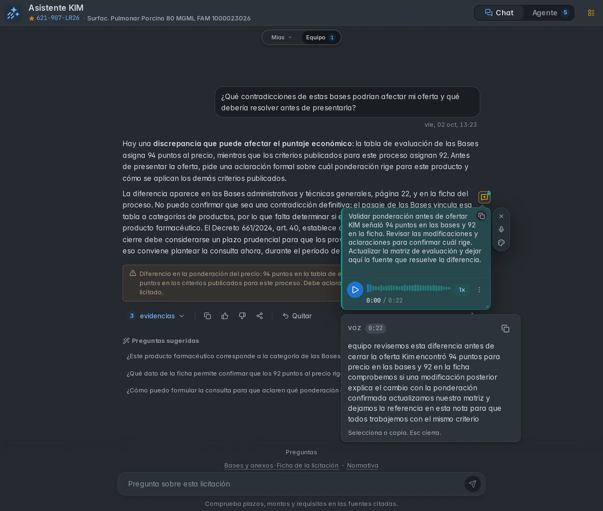KIM Equipo view with the shared query for 621-907-LR26. The user keeps their personal note and transcript open.