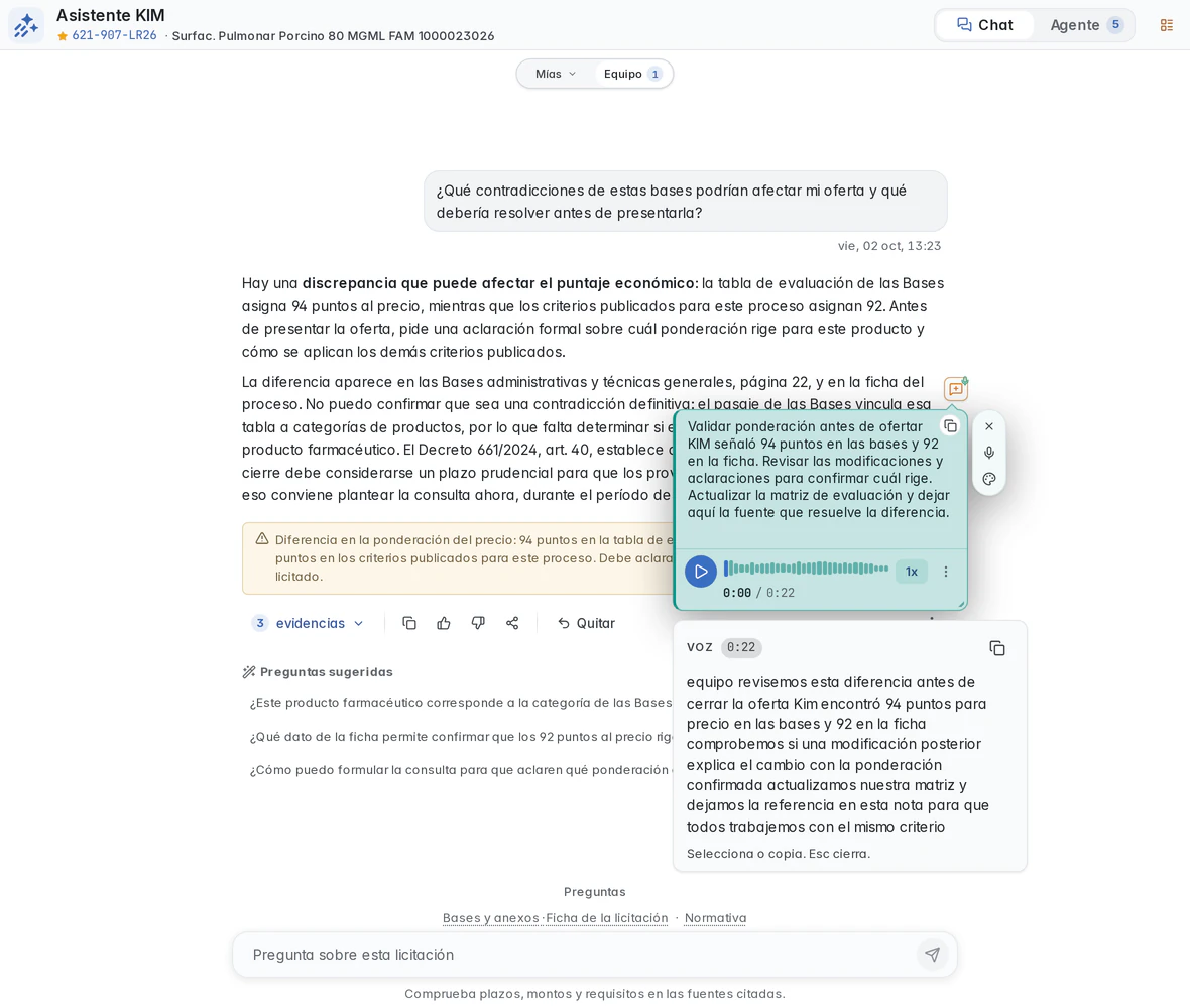 KIM Equipo view with the shared query for 621-907-LR26. The user keeps their personal note and transcript open.