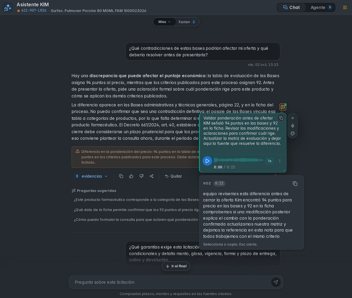 Personal note with a voice recording and readable transcript beside the KIM answer.