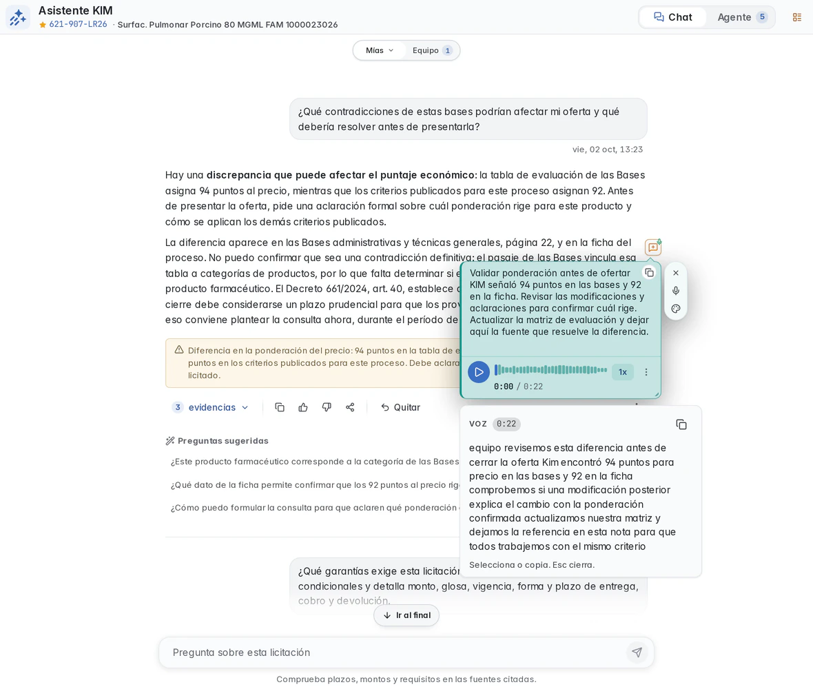 Personal note with a voice recording and readable transcript beside the KIM answer.
