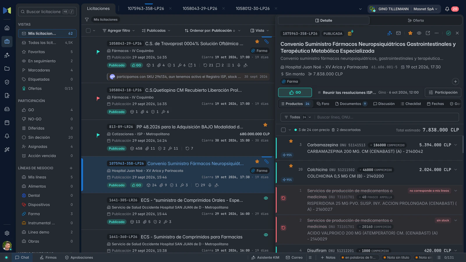 Captura real de Masnet: la bandeja de licitaciones y, a la derecha, la ficha de 1075963-358-LP26, con sus 24 líneas de productos, el porcentaje de similitud de cada una con lo que vende la empresa y dos descartadas con su motivo.