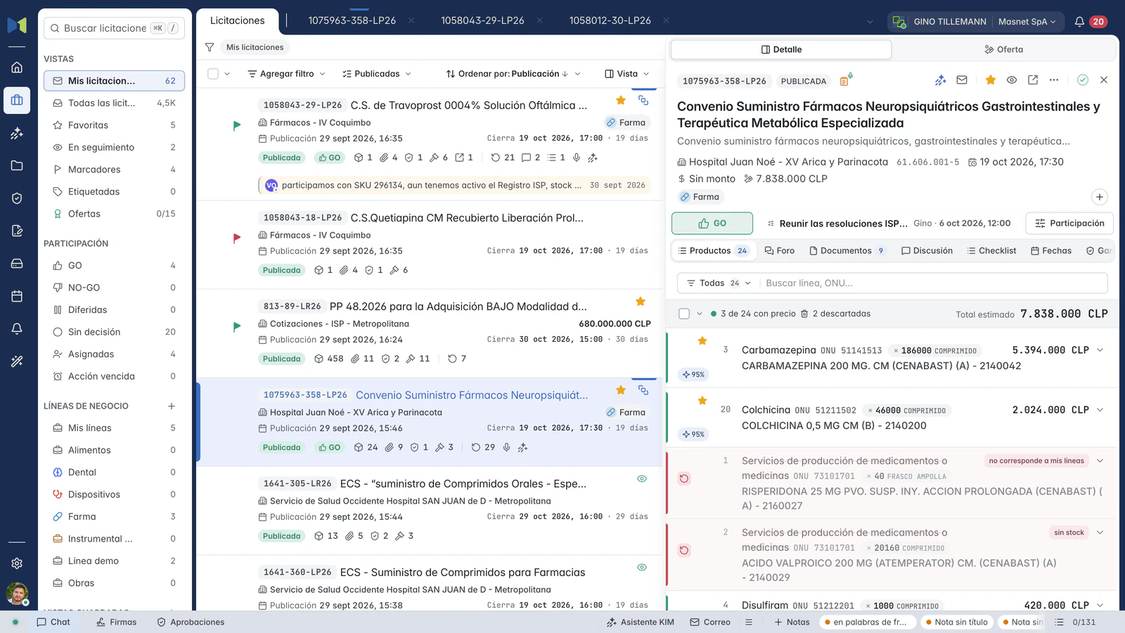 Captura real de Masnet: la bandeja de licitaciones y, a la derecha, la ficha de 1075963-358-LP26, con sus 24 líneas de productos, el porcentaje de similitud de cada una con lo que vende la empresa y dos descartadas con su motivo.