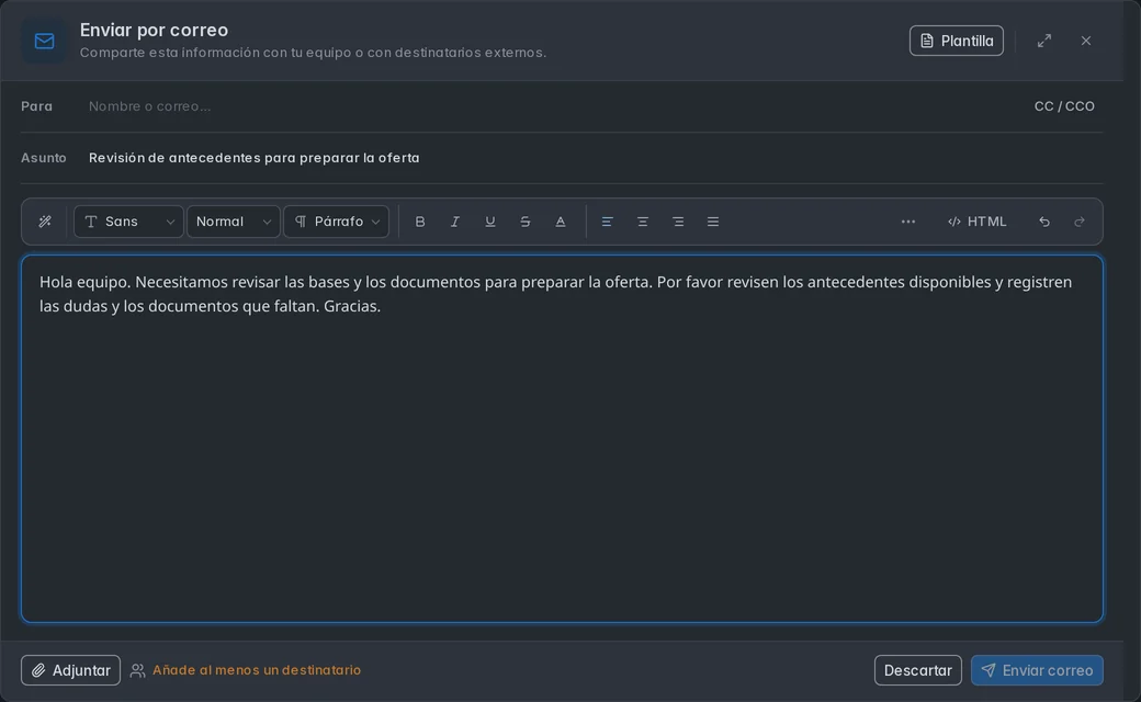 Actual composer with a written review request, no recipients and Send email disabled.