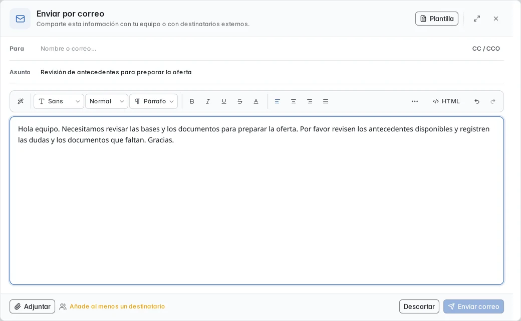 Actual composer with a written review request, no recipients and Send email disabled.