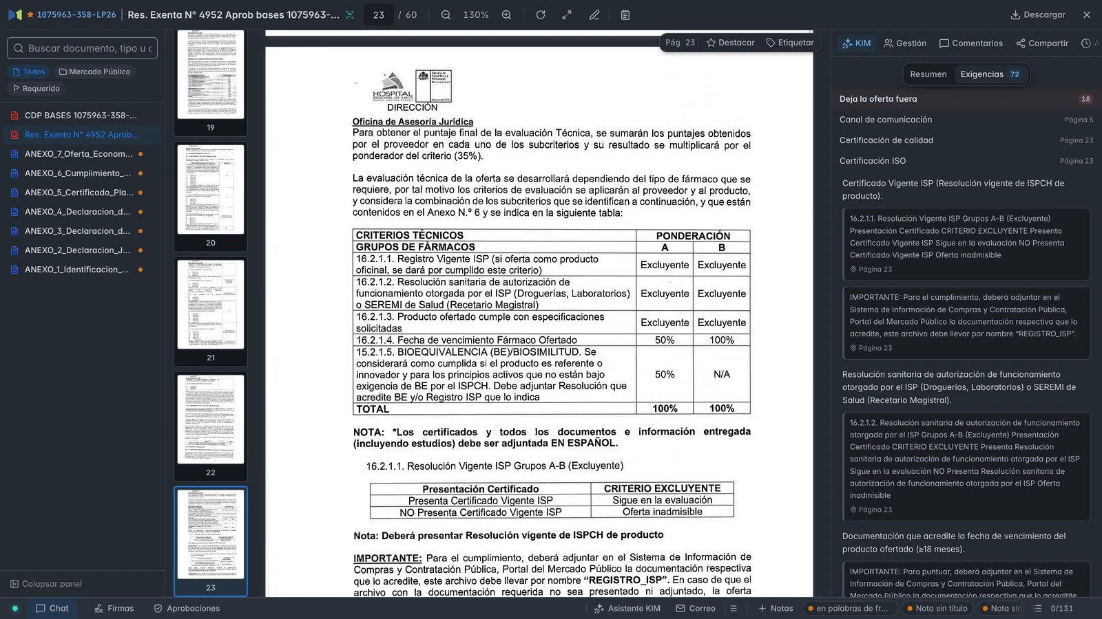 Página 23 de las bases de 1075963-358-LP26 en el visor de Masnet, junto al panel de exigencias.