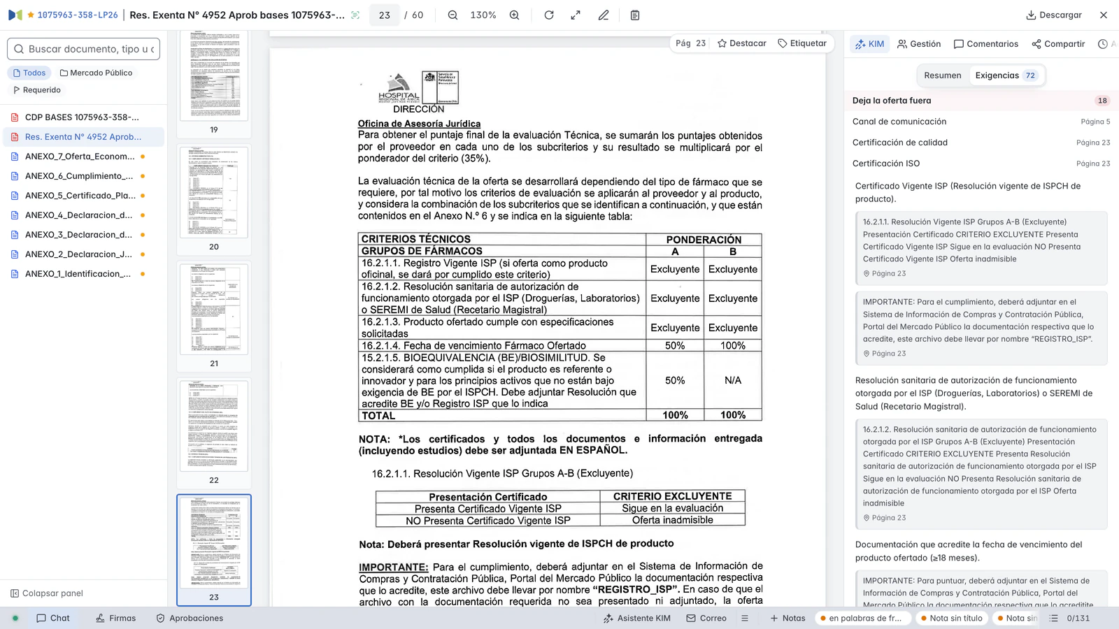 Página 23 de las bases de 1075963-358-LP26 en el visor de Masnet, junto al panel de exigencias.